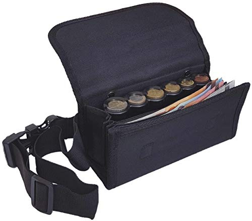 Riñonera de Camarero de Lona Negra, Monedero de Camarero,1 Bolsillo Zip Interior, Incluido Dispensador/Distribuidor/Clasificador para Monedas de Euros, Cierre Magnético (6 Monedas)
