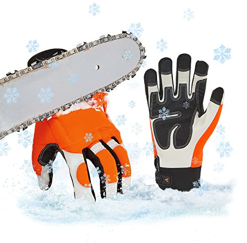 Vgo... 1paire de gants d'hiver pour tronçonneuse, gants de travail de sécurité en cuir de vache, gants de mécanicien,protection 12 couches pour tronçonneuse 0℃/32°F(CA9760FLWP)