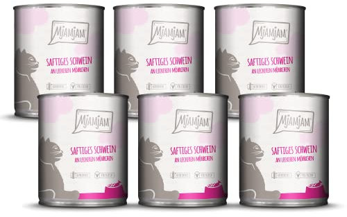 MjAMjAM - Premium Nassfutter für Katzen - saftiges Schwein an leckeren Möhrchen, 6er Pack (6 x 800 g), getreidefrei mit extra viel Fleisch