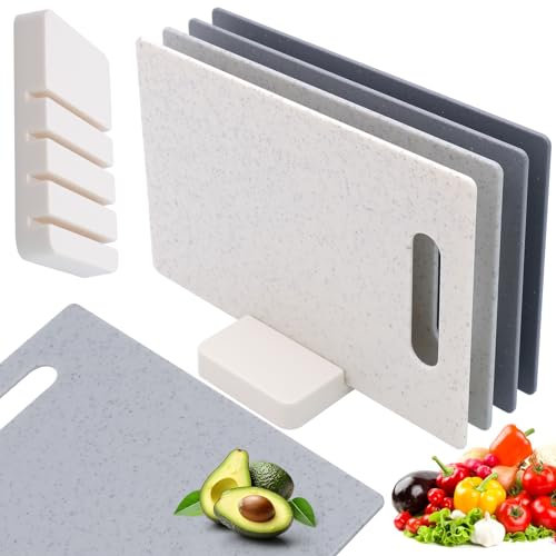 Schneidebrett 4er Set, Rutschfeste Küchenbrett Kunststoff mit Griffe und Aufbewahrungsständer, Professionelles Frühstücksbrettchen 28 x 18 cm, BPA-Free, Spülmaschinenfest