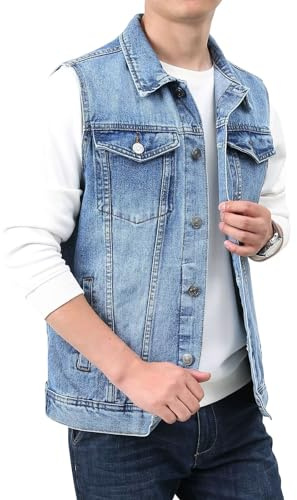 HNVAVQ Homme Veste en Jean sans Manches Gilet Mode de Motard de Biker Décontractée