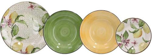 Wintem Servicio de platos de mesa de 18 piezas de gres porcelánico con estampado de limones y colores vivos, resistentes y lavables en lavavajillas, ideal como juego para 6 personas, para todas las