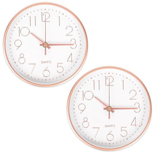 CIMOYBAI 2 Stück 20cm Rund Quartz Wanduhr, Ohne Tickgeräusche Wanduhr, 8 Zoll modern leise Geeignet für Büro,Wohnzimmer, Schlafzimmer, Küche, Schule Kinderzimmer (Roségold)