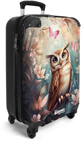 NoBoringSuitcases.com® Handgepäck Koffer Kinder 55x35x20 cm Kinderreisekoffer Kinderkoffer mit Roller Leicht Cabin Trolly Hartschalenkoffer Kind Eule - Schmetterlinge - Wald