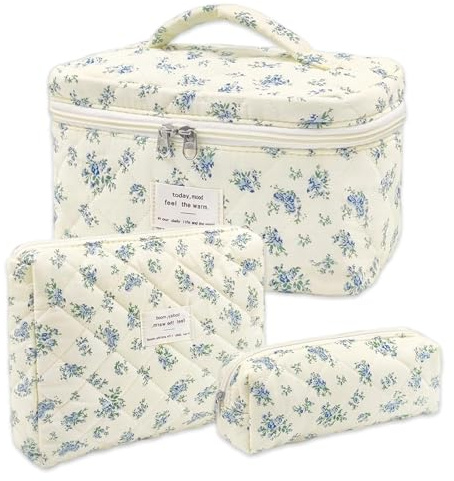 LIULINY 3 Pezzi Borsa Trucco Floreale, Borsa da Viaggio per Il Trucco da Donna, Beauty Case da Viaggio da Floreale, Beauty Case Morbido Makeup Bag, Makeup Bag Organizer, per Viaggi Outdoor (Blu)