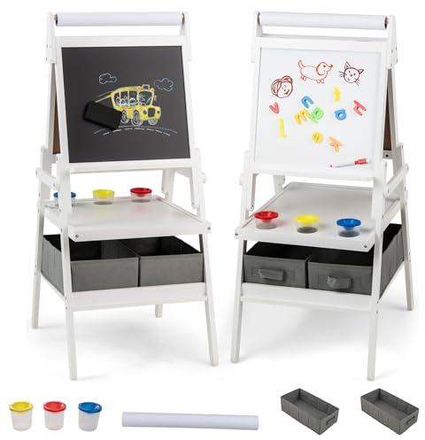 RELAX4LIFE 3 in 1 Lavagna per Bambini, Cavalletto con Doppia Faccia Magnetica e Lavagna Bianca, Rotolo di Carta, Scaffale Doppio e 2 Cesto in Tessuto Pieghevole, 3 Tazze, Legno per 3+ Anni (Bianco)