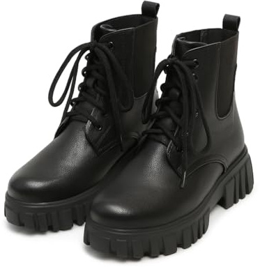 Shoetopia Chunky Stivali da combattimento da donna | Stivali stringati con spessa suola a camma | Stivali alla moda in ecopelle resistenti per scarpe casual e outdoor, Nero, 6 UK