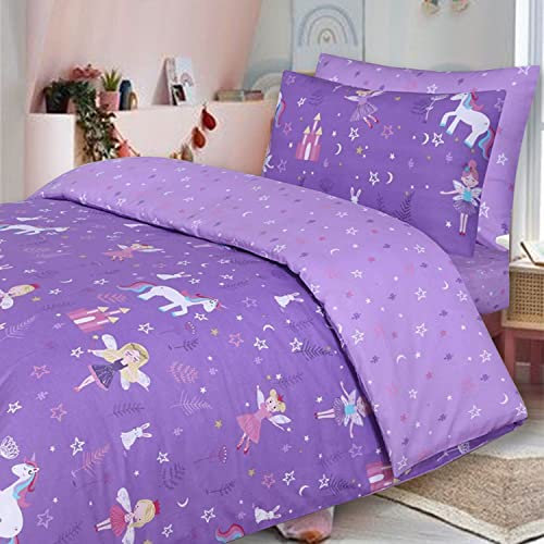 DTEX HOMES - 100% Cotton Kids Childrens Bedding Set Reversible Duvet Cover With Pillowcases and Matching Fitted Sheet (Unicorn Purple, Single Complete Set)