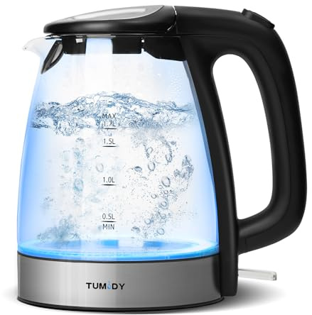 Tumidy Glass Electric Kettle,1.7L Hot Water Boiler 1500W Fast Boiling with Auto-Shutoff and Boil-Dry Protection,LED Lights,Comfy Touch Handle Wide Opening Cordless Tea Heater for making Tea Coffee