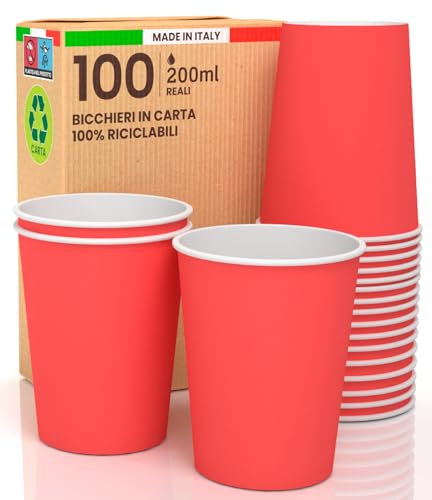 100 vasos de papel de 200 ml, ecológicos, biodegradables, desechables, fabricados en Italia, para llevar bebidas calientes, agua, de colores rojos, fabricados y envasados en Italia