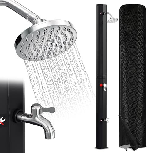 Vigevee Solardusche 35L Solar Gartendusche warmes Wasser Bis Zu 60°C ohne Stromanschluss Pooldusche Camping mit Fußdusche und schwenkbarem Regenduschkopf, inkl. Montagematerial, Schwarz
