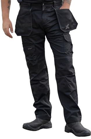 Xpert - Pro Stretch+ Work Trousers Mens 32W / 29L Black Tapered Fit Combat Cargo Pants with Stretch Panels, Multi Utility Pockets, Flex Waistband and Knee Pad Pockets