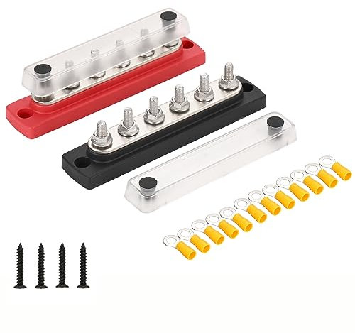 Greluma 1 Paio Barra collettrice a 6 posizioni DC 12-48 V 150 A,morsettiera di distribuzione dell'alimentazione a batteria a 6 vie con coperchio trasparente