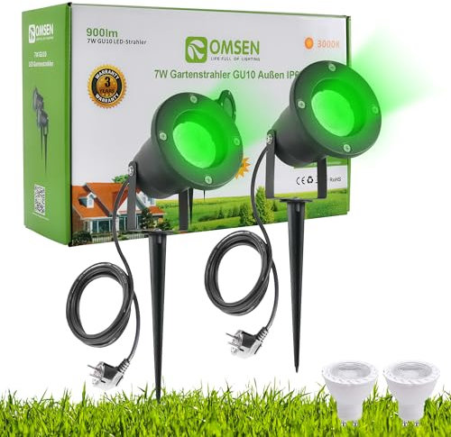OMSEN Focos LED de Jardín con Estaca, Luz Verde, Bombillas GU10 Reemplazables, Cuerpo de Aluminio IP67, Focos LED Exterior Verde para Paisaje, Árboles, Plantas, Césped, Kit de 2