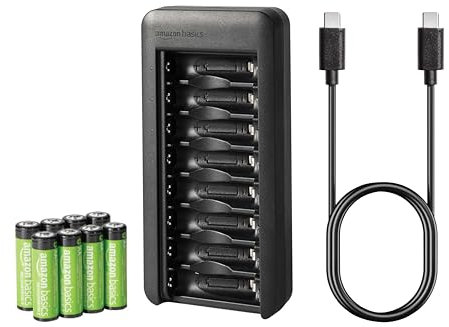 Amazon Basics Paquete de 8 baterías recargables NiMh AA de 2000 mAh con cargador de batería de 8 bahías, sin adaptador de CA, puerto USB C