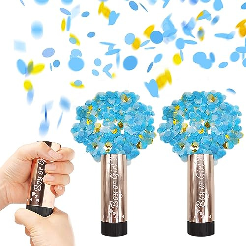 2pcs Gender Confetti Cannon for Baby Shower and Celebrations - Biodegradable Party Poppers with Blue Confetti
