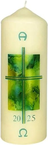 Wiedemann Osterkerze Gelb/Türkis Kreuz mit A und O mit aktueller Jahreszahl 140 x Ø 50 mm