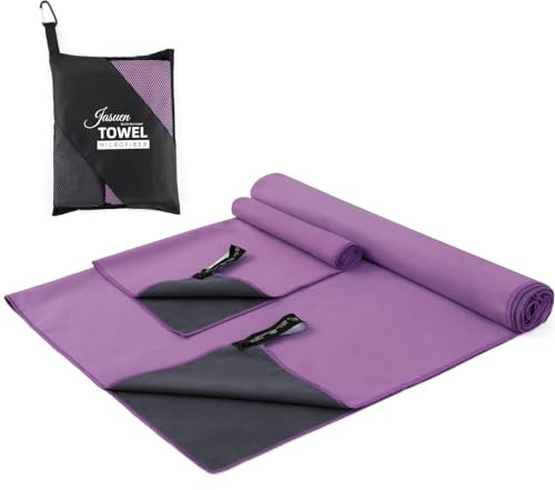 JASUEN Juego de toallas de microfibra de 180 x 80 cm + 80 x 40 cm, de microfibra, para deportes, viajes, exteriores, 2 unidades (gris oscuro y morado), 180 x 80 cm + 80 x 40 cm
