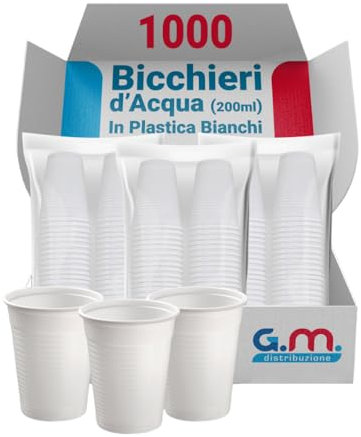 1000 Bicchieri Acqua in Plastica Bianchi da 200 ml, Riciclabili, Extra Rigidi e Super Resistenti, Usa e Getta, Ideale per Casa, Ufficio, Asporto Bevande Fredde (3 formati disponibili)