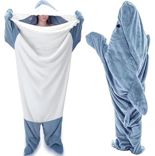 BBLTIFF Shark Blanket, hajfilt med huva, hajsovsäck, hajpyjamas bärbar filt, mjuk och bekväm huvtröja, Färg: blå, XXXL