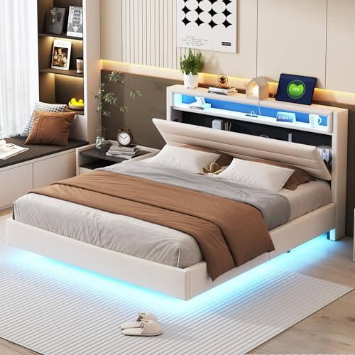 KEYIDE Letto imbottito 160 x 200 cm, con illuminazione a LED e ricarica USB, letto matrimoniale con testiera e rete a doghe, letto per ragazzi, in lino, senza materasso
