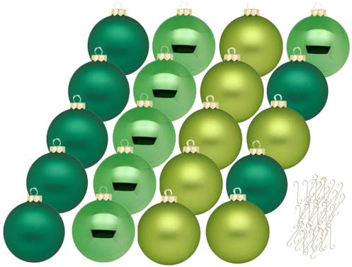 Inge Glas Weihnachtskugeln mit Haken | Schöne Christbaumkugeln aus Glas | Set 20 Kugeln und 40 Aufhänger | Christbaumschmuck Weihnachtsbaumkugeln (Evergreens | grün)