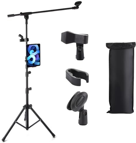DAJAVE Microphone Stand, Tripod Boom Microphone Stand Foldable Floor Standing Mic Stands with Tablet Holder, Carrying Bag, for Performance Singing Speech
