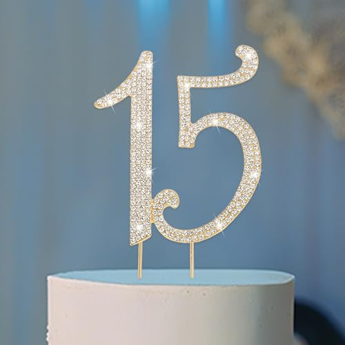 Jaciya 15 Cake Topper with Rhinestones - Sparkling Gold Number Decor for Quinceanera, 15th Birthday Parties & Anniversaries
