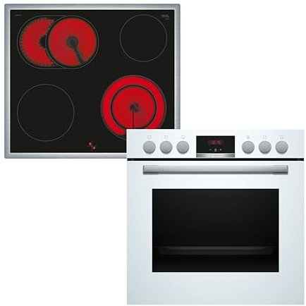 Bosch HND411LW63, Einbau-Herd-Set, Einbau-Herd 60 cm, HEA513BS3, Serie 4, 3D Heißluft, Einfache Bedienung, Weiß & Elektro-Kochfeld 60 cm, NKN645GA2E, Serie 4, Herdgesteuert, 21cm Kochzone, Mit Rahmen