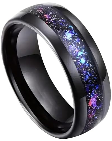 Texvora Wolfram-Ring für Herren, 8 mm, schwarz, polierter Edelstahl, Regenbogen-Akzent, Größen 6–13, verschleißfest, hypoallergen, perfekt für Hochzeiten