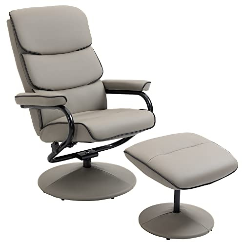 HOMCOM Sillón Relax con Puf, Sillón TV con respaldo reclinable, asiento giratorio 360°, asiento acolchado cómodo, hasta 130 kg, para salón, dormitorio, gris