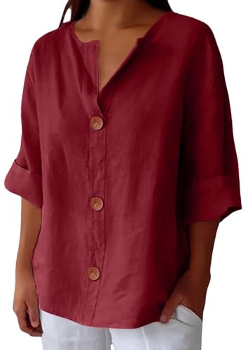 Uwdiohq Chemises en Lin pour Femmes été, Coton et Lin, col V, Manches 3/4, Amples, Vacances, Plage, Chemisiers, Tuniques Haut Épaules Dénudées Blouses Femme Tunique Femme Ete Manche Longue