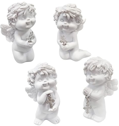 Angeli IGOR con croce, set 4 pezzi: statuette angioletti decorativi bianchi in resina, soprammobili commemorativi piccoli, figure simboliche per cimitero, lutto, tomba, ricordo e Ognissanti, 7 cm