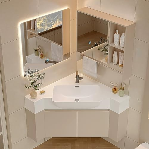 ZKBDBWTR Mueble de Baño con Espejo Doble y Lavabo - Tocador de Esquina | Lámpara de luz Suave, Muebles para Lavabo con Almacenamiento Diversificado y Borde Redondeado(60cm/23.6in)