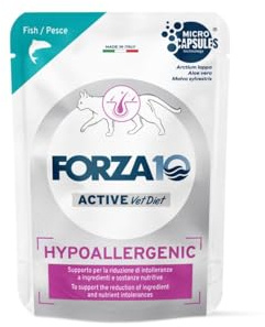 Forza 10 Umido Gatto HYPOALLERGENIC, alimento completo dietetico per gatti adulti di tutte le taglie e razze ipoallergenico gusto PESCE, for cats | 12 bustine da 80 grammi l'una.