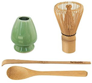 BambooMN Brand - Matcha Green Tea Whisk Set - Whisk + Scoop + Tea Spoon + Soft Light Green Whisk Holder