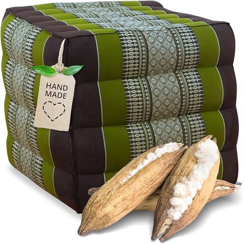 livasia Würfelkissen quadratisch - 40x40x40cm - Sitzhocker mit organischem Kapok, Sitzpouf, Lagerungswürfel viereckig, Bodenkissen Hocker Fußbank Fußhocker handgefertigt (Braun/Grün)