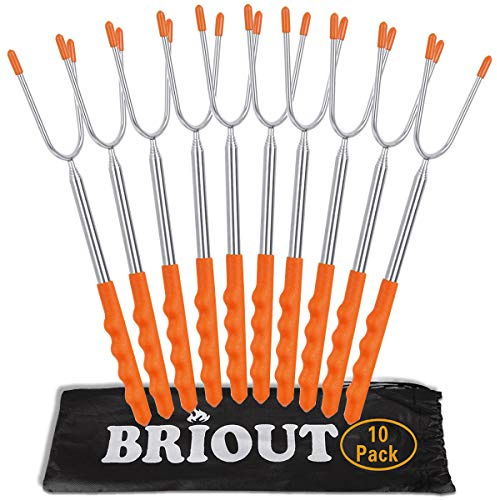 Briout Marshmallow Roasting Sticks 10 Pack Extra Long 45’’ Stainless Telescoping Hot Dog Smores Skewers Kids Safe Barbecue Forks for Campfire, Bonfire and Grill