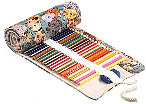 Amoyie Colouring Pencil Case 72 Slots, Roll Up Pen Holder, Pencil Wrap | Canvas Organiser Bag for Coloured Pen, Foldable Carrier for School, Outdoor, Artist Storage Bag, Large Capacity, Green Cat
