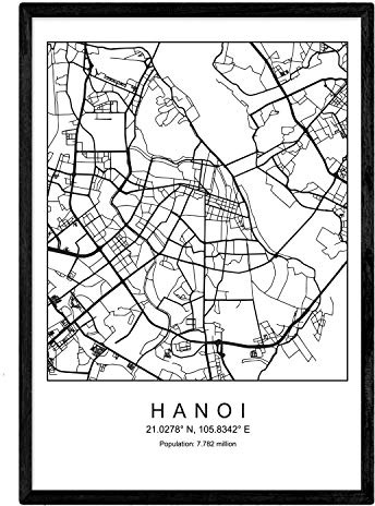 Nacnic Lama Hanoi mappa della città in stile nordico in bianco e nero. A3 formato della carta stampata No 250 gr. Dipinti, stampe e manifesti per soggiorno e camera da letto
