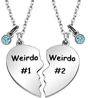 Maxforever Friendship Gifts, Weirdo 1 Weirdo 2psc Set Split Heart Pendant Necklaces BFF Gift for Best Friend (Blue Crystal)