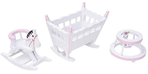 Mobilier De Poupée Dollhouse Miniature Berceau de Bébé Cheval à Bascule Bébé Trotteur Décoration Maisons de Poupées Modèle Jeu d'Imitation Jouet Educatif pour Cadeau d'anniversaire Enfants(Blanc)