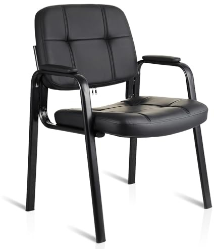CLATINA Guest Waiting Reception Chair with Bonded Leather Thick Cushion and Padded Arm Rest Stationary Desk Chairs for Office Home Conference Meeting Lobby Hall Side Break Room, Black