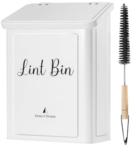 SUBEKYU Magnetic Lint Bin for Laundry Room, Wall Mounted Metal Lint Box Holder Trash Can with Lid for Dryer,Lint Basket for Laundry Room Organization,White