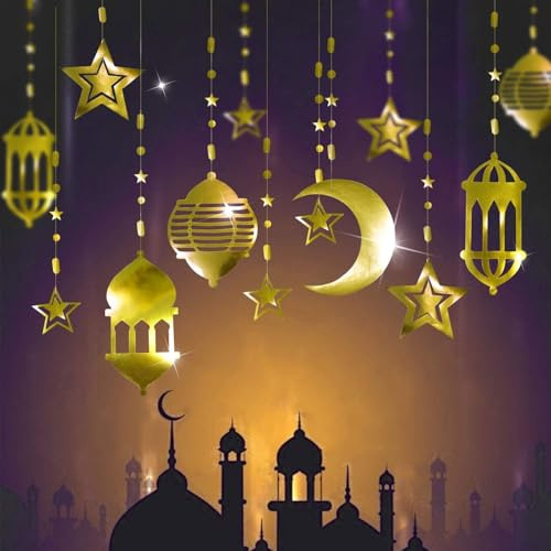 16 lanterne dorate brillanti a forma di stella, luna, ghirlanda Ramadan, decorazione per la casa, felice Ramadan Mubarak, striscione da appendere per feste di Aladino, egiziano, Aladino, Islam per