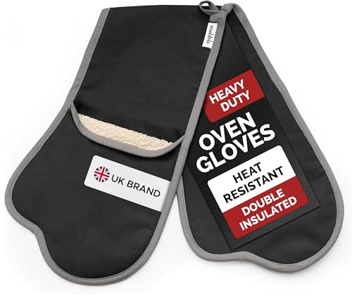 Muldale Black Double Oven Gloves Insulated - Aga Oven Gloves with Thumbs