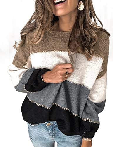 UMIPUBO Maglione Righe Colorblock Donna,Maglia Manica Lunga Morbido Elegante Chic,Pullover Casual Oversize,Tops Moda Ragazza Autunno Primavera(Grigio,S)