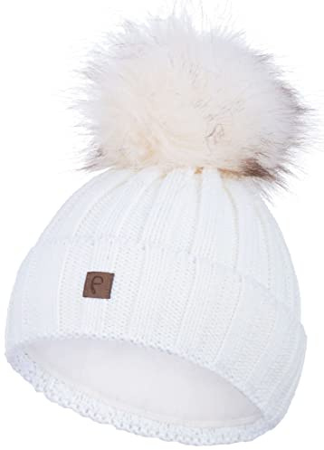Faera Bommelmütze Mütze Damen gefüttert Wintermütze Strickmütze Mädchen Fleecefutter Beanie 79, Farbe:Weiß