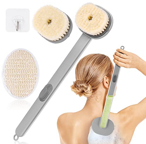 ACWOO Rückenbürste Duschbürste mit Langem Stiel, Doppelseitige Naturborsten Duschbürste, 4-teiliges Set Rückenschrubber mit 2 Austauschbaren Pads,Körperbürste, Peelingbürste für Peeling und Massage