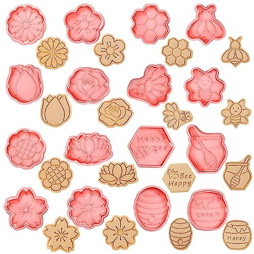 BENBO 16PCS Bee Flower Cookie Cutters With Plunger Stamps, Mini Bee Honeycomb Cookie Fondant Stamper Spring Floral Shapes 3D Cookie Stamps Plastic Biscuit Mould Press Flower Embossing Cutter